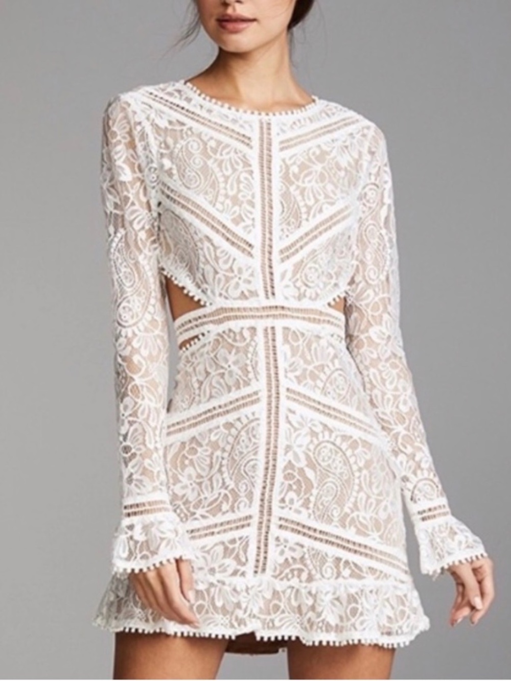 For Love and Lemons Emerie White Lace Long-Sleeve Mini Dress with Open Back